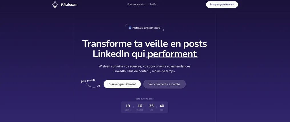 Interface de la plateforme Wizlean : dashboard de veille marketing et génération de posts LinkedIn par IA